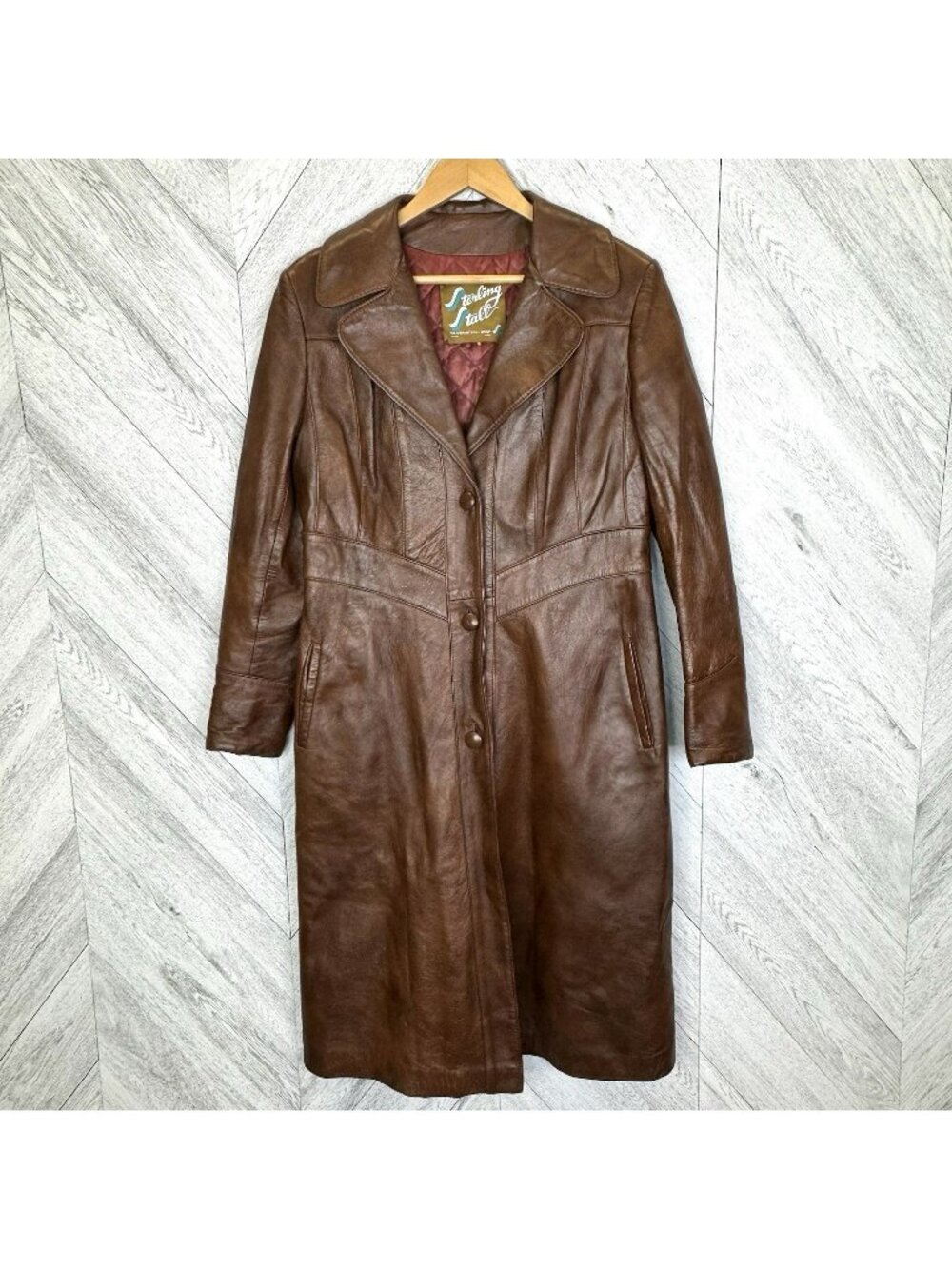 Vintage 70's Sterling Stall Leather Trench Coat Womens Size Medium Brown Lined
